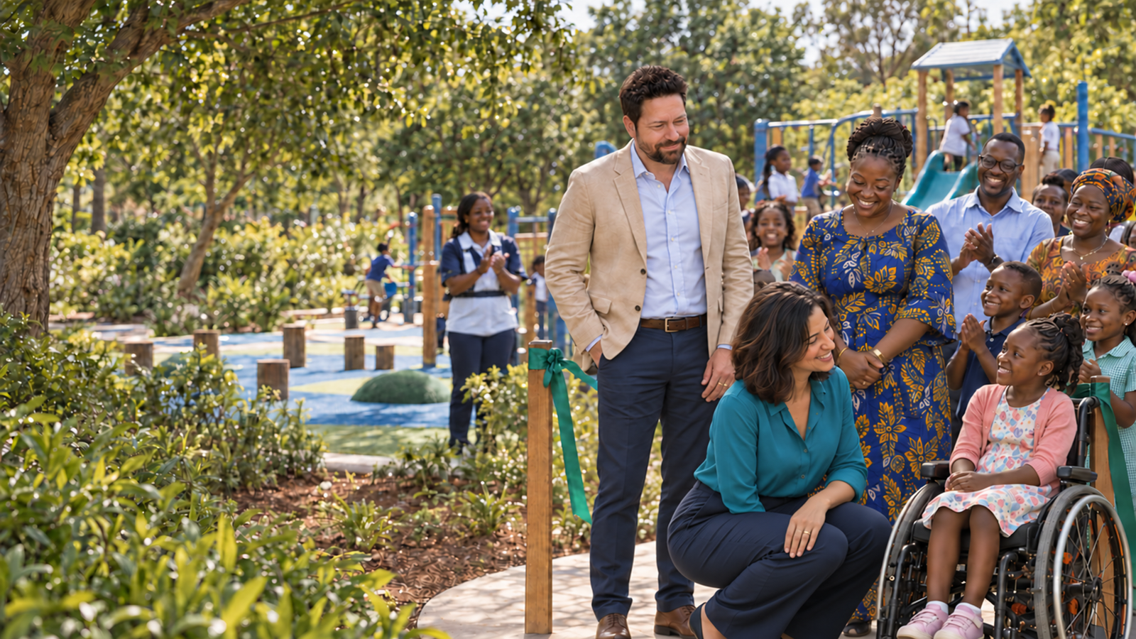 Elham speaking with a child at an accessible playground opening, with Michael and a school community