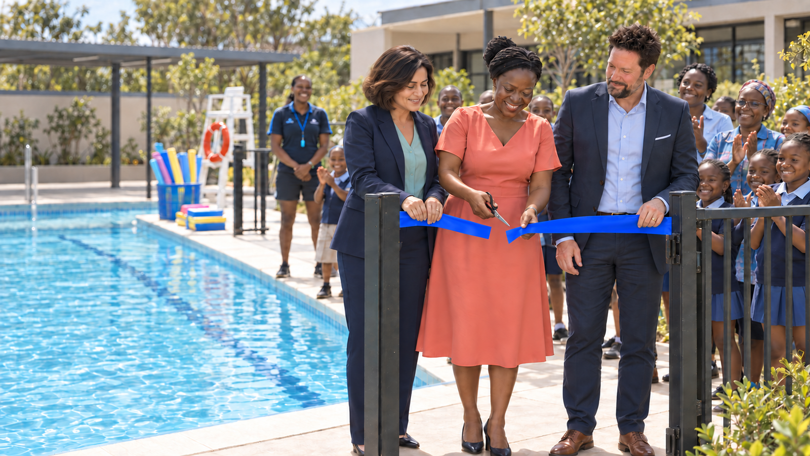 Elham and Michael at the opening of a teaching pool with school staff and children